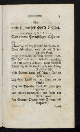 An mein schwarzes Porte d'Epee. bey abgelegter Trauer, Von einem Preußischen Officier