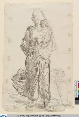 Stehende Frau mit wehendem Gewand, mit Kind im Arm (Skizze)