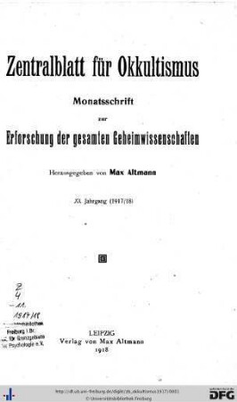 11: Zentralblatt für Okkultismus: Monatsschrift zur Erforschung der gesamten Geheimwissenschaften