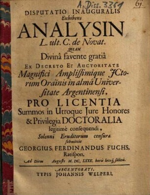 Disputatio Inauguralis Exhibens Analysin, L. ult. C. de Novat.