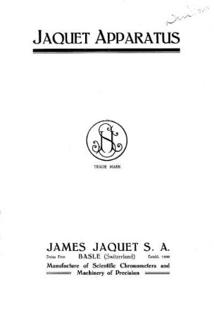 Jaquet Apparatus: Catalogue 503