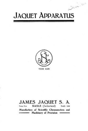 Jaquet Apparatus: Catalogue 503