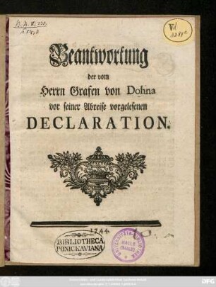 Beantwortung der vom Herrn Grafen von Dohna vor seiner Abreise vorgelesenen Declaration