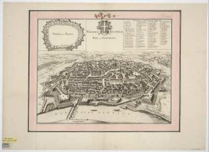 Vogelschauplan von Wien, Radierung, um 1729 : Vienna Austriae = Wien in Oostenreyk. - Amstelodami , [1729]. - 1 Vogelschauplan : Radierung ; 50 x 39 cm Titel oben Mitte. - Mit 1 Plan: Vienna in Plano. - Mit Gebäudekennzeichnung - Mit 1 Wappen