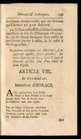 Article VIII. Le vrai Bonheur. Imitation d'Horace