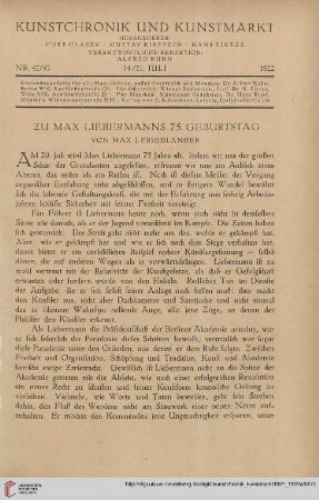 Neue Folge 33 = Jahrgang 57: Zu Max Liebermanns 75. Geburtstag