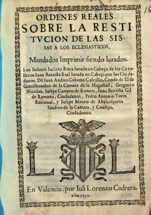 Ordenes Reales Sobre La Restitvcion De Las Sissas A Los Eclesiasticos