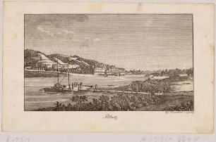 Schloss Pillnitz bei Dresden vom linken Ufer über die Elbe mit Fähre nach Südosten gesehen