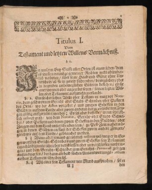 Titulus I. Vom Testament letzten Willens Vermächtniß.