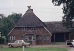 Beimoorweg 47: Bauernhaus mit Reetdach: Giebelseite Wohntrakt, vorgesetzter Windfang mit Eingangstür, Pferdeköpfe als Giebelzier: rechts Querbau Wirtschaftstrakt mit Scheinentor