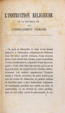 L'instruction religieuse et la nouvelle loi sur l'enseignement primaire
