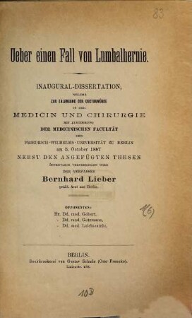 Ueber einen Fall von Lumbalhernie : Inaug. Diss.