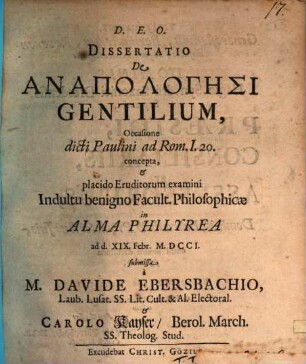 Dissertatio De Anapologēsi Gentilium : Occasione dicti Paulini ad Rom. I. 20
