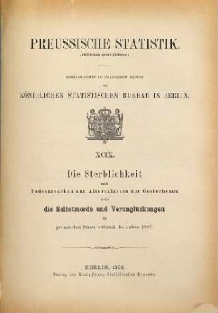 Die Sterblichkeit nach Todesursachen und Altersklassen der Gestorbenen im Preußischen Staate : während d. Jahres ... 1887 (1889) = H. 99 [d. Gesamtw.]