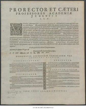 Prorector Et Caeteri Professores Academiae Ienensis L. S. D. : Vere dixit, quicunque dixit: ... P. P XIV. Martii, A. O. R. M. DC. XIII.