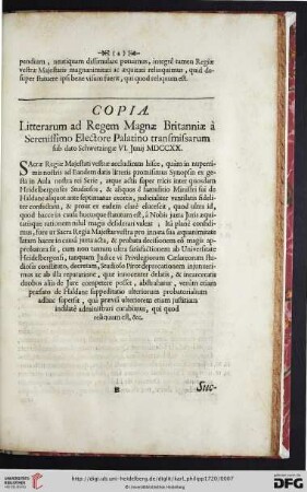 Copia Litterarum ad Regem Magnae Britanniae à Serenissimo Electore Palatino […]