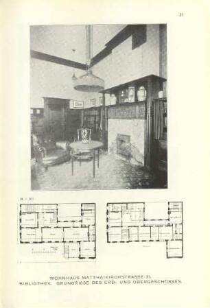 Wohnhaus Matthäikirchstrasse 31. Bibliothek. Grundrisse des Erd- und Obergeschosses