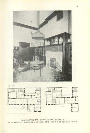 Wohnhaus Matthäikirchstrasse 31. Bibliothek. Grundrisse des Erd- und Obergeschosses