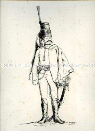 Uniformdarstellung, Offizier der Husaren mit Flügelmütze, Preußen, um 1786. Probedruck aus Menzel: Die Armee Friedrich's des Großen.