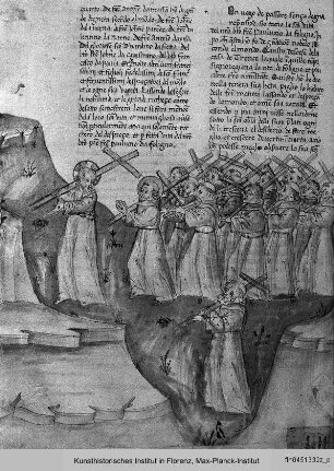 Oddi, Specchio de l'Ordene (La Franceschina) : Nachfolge Christi: Franziskaner mit Fra' Pauluccio da Foligno tragen Kreuze und folgen Christus
