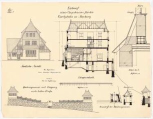 Corpshaus Guestphalia, Marburg: Aufriss Nordseite, Aufriss, Längsschnitt, Detail, Grundriss Aufriss, Schnitte Böschungsmauer