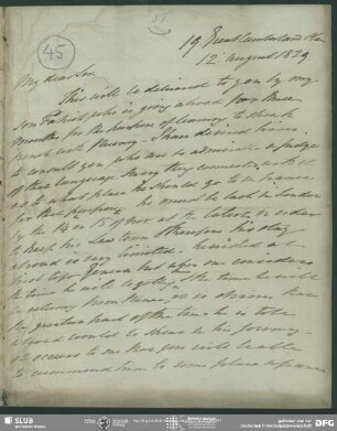 Eigenh. Brief von Alexander Johnston an August Wilhelm von Schlegel, London, 12.08.1829