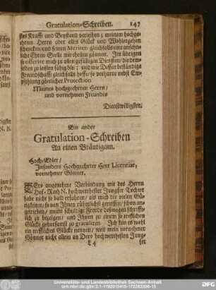 Ein ander Gratulation-Schreiben An einen Bräutigam.