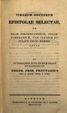 Virorum doctorum Epistolae ad B. Pirkheymerum, J. Camerarium