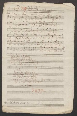 Sieh dort im Tal, V, pf, V, guit, G-Dur - BSB Mus.Schott.Ha 3544-2 : [heading, V:] Sieh dort im Thal! // Romance [crossed out with red chalk: No. 7] [with red chalk]: 310 [with ink:] Tyrolien̄e nach dem Franzößischen, [!] von J. D. Anton // Musique von A. de Beauplan.