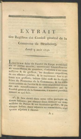 Extrait Des Registres Du Conseil général de la Commune de Strasbourg. Lundi 9 août 1790