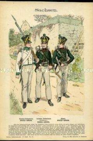Uniformdarstellung, Gemeiner der Linien-Infanterie, Schütze und Jäger der Leichten Infanterie, Königreich Sachsen, 1815/1832.