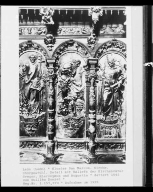 Chorgestühl, Detail: Kirchenväter Gregor, Hieronymus und Augustinus