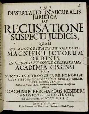 Disputatio Inauguralis Iuridica De Recusatione Suspecti Iudicis