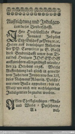 Auffrichtung und Indulgentien dieser Bruderschafft