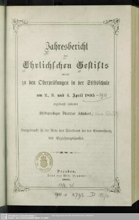 1895: Jahresbericht des Ehrlichschen Gestifts : auf das Schuljahr ...