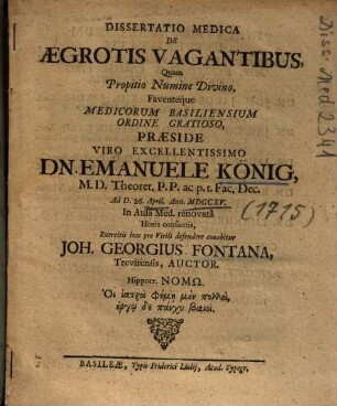 Dissertatio Medica De Aegrotis Vagantibus