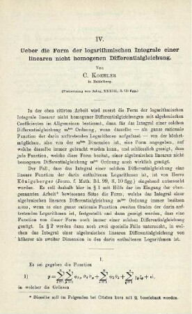 IV. Ueber die Form der logarithmisehen Integrale einer linearen nicht homogenen Differentialgleichung.