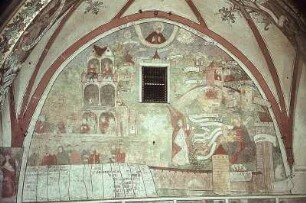 Hortus conclusus mit Himmlischem Jerusalem, Gottvater und Propheten, darunter Szenen aus dem Marienleben