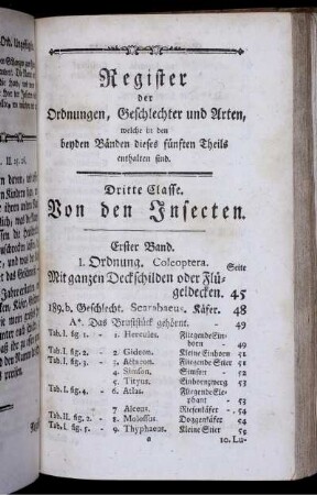Register der Ordnungen, Geschlechter und Arten, welche in den beyden Bänden dieses fünften Theils enthalten sind. Dritte Klasse. Von den Insecten.