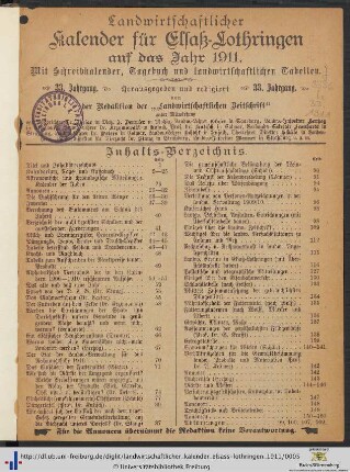 33. Jahrgang: Landwirtschaftlicher Kalender für Elsaß-Lothringen: ... auf das Jahr 1911