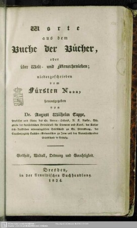 Worte aus dem Buche der Bücher, oder über Welt- und Menschenleben