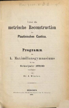 Ueber die metrische Reconstruction der Plautinischen Cantica