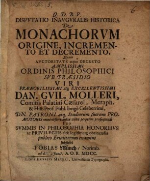 Diss. inaug. ... de monachorum origine, incremento ...