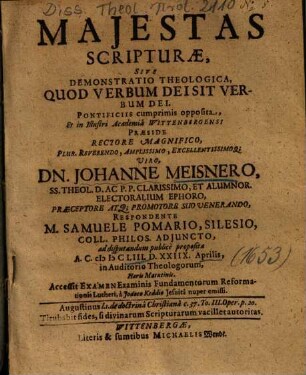 Majestas Scripturae, Sive Demonstratio Theologica, Quod Verbum Dei Sit Verbum Dei