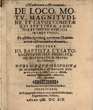 Mathemata Astronomica De Loco, Motv, Magnitvdine, Et Cavsis Cometae, Qvi Svb Finem Anni 1618 Et Initivm Anni 1619 In Coelo Fvlsit : Ex aßiduis legitimisq[ue] variorum Phaenomenorum observationibus deriuata