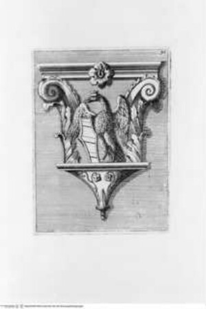 Memorie concernenti la città di Urbino dedicate alla Sagra Real Maestà di Giacomo III Re della Gran Bretagna, Tafel 36.: Kapitellkonsole mit einem bekrönten Adler als Wappenhalter (Urbino, Palazzo Ducale, Treppenhaus, Gewölbeansatz)