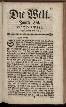 Sechstes Blat. Erfurt, den 11. Aug. 1753.