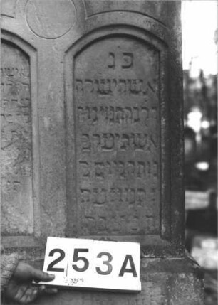 Grabstein 253 (Index: 99898624) Material: Granit Zustand: gut erhalten Maße HxBxT: 237x64x54 cm Beschreibung: Obelisk, am Sockel Palmzweig und Blüte, Doppelgrabstein Symbolik: Palmzweig, Blüte Besonderheit: Doppelgrab für Eheleute: Grabstein 253A