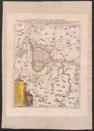 Belagerung Der Königl. Haupt-Stadt Prag : Oder Eigent. Grundtlage derselben mit ihrer Fortification, Plätzen, gassen, auch Von aussen Notablen Orthen, der gegendt auf eine mail, deren sämtlichen Vielen dorffschofften, Clöstern, Kirchen, Schlössern, Landstrassen etc. des da selbst in seinen Krümmen durchstreichenden Moldau, und Beraun fluß, gemachten Schieff-brucken. Konig. Ungarische und Frantzösch Lägern, und Vor Enderung der Haupt-Quartier, in einer Charten