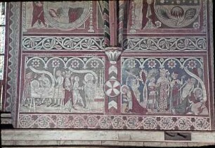 Martyrien der Heiligen Bartholomäus, Matthäus, Judas Thaddäus und Simon; oben: Scheidung von Wasser und Erde, Erschaffung der Pflanzen und von Sonne und Mond